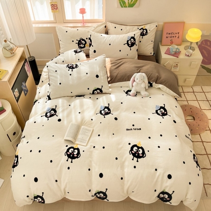 寐眠 2024新款高克重印花牛奶绒四件套风格一 煤球派对