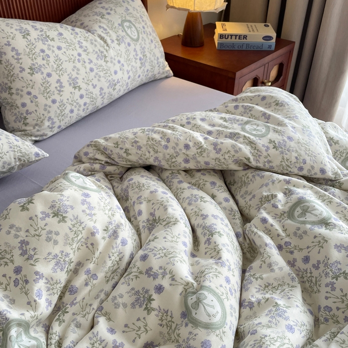 91家纺网 家纺一手货源 找家纺 一比一家纺 2025新款全棉母婴级抗菌有氧全棉双层纱亲肤全棉小清新印花三件套四件套 向云端