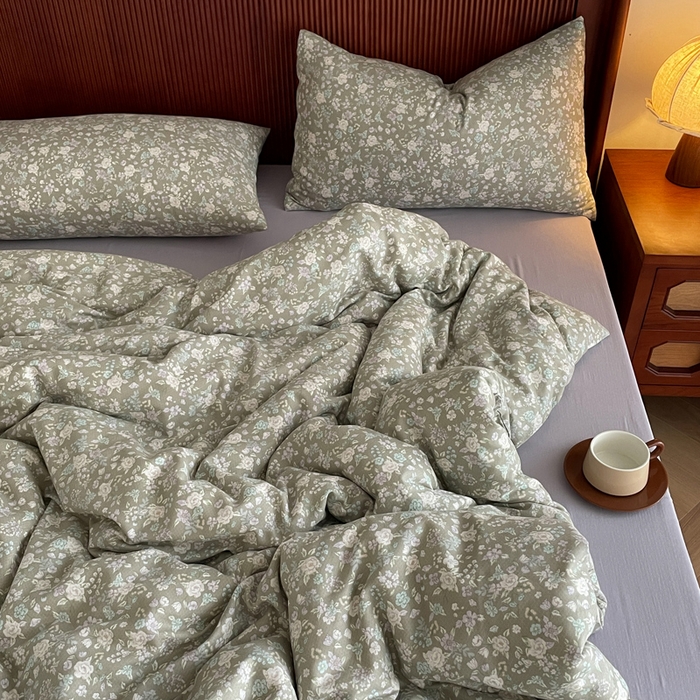 91家纺网 家纺一手货源 找家纺 一比一家纺 2025新款全棉母婴级抗菌有氧全棉双层纱亲肤全棉小清新印花三件套四件套 时光里