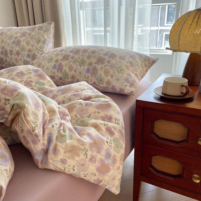 91家纺网 家纺一手货源 找家纺 一比一家纺 2025新款全棉母婴级抗菌有氧全棉双层纱亲肤全棉小清新印花三件套四件套 普罗旺斯