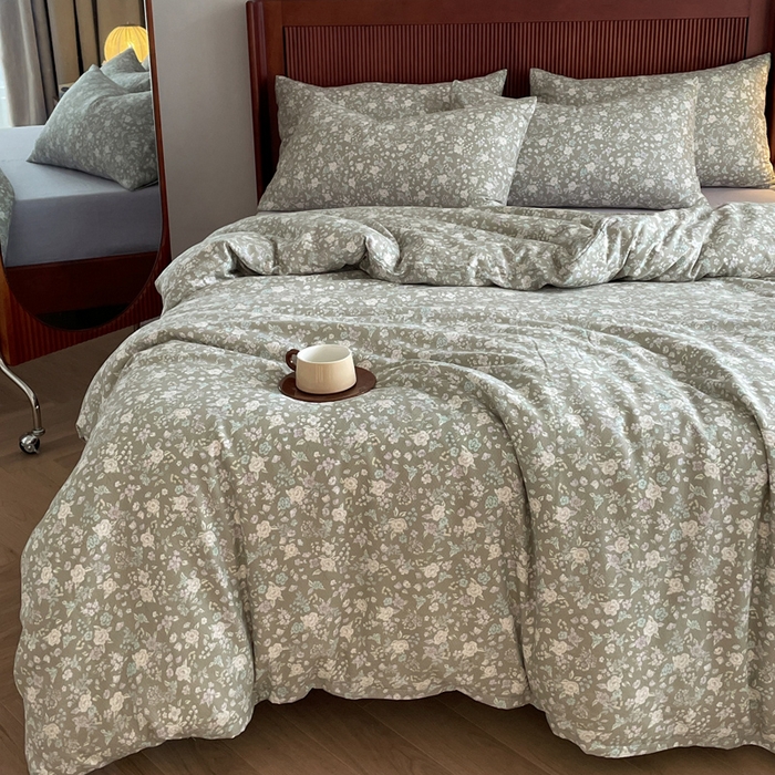 91家纺网 家纺一手货源 找家纺 一比一家纺 2025新款全棉母婴级抗菌有氧全棉双层纱亲肤全棉小清新印花三件套四件套 时光里