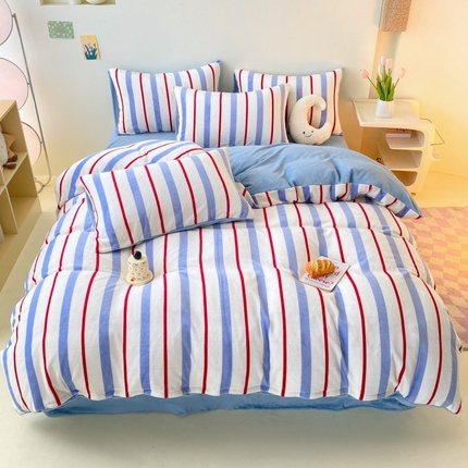 91家纺网 家纺一手货源 找家纺 2024新款高克重印花牛奶绒四件套条纹风格二 天蓝条纹