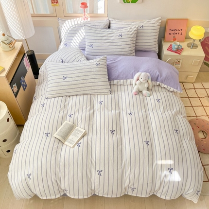 寐眠 2024新款高克重印花牛奶绒四件套条纹风格一 风信紫蝴蝶结