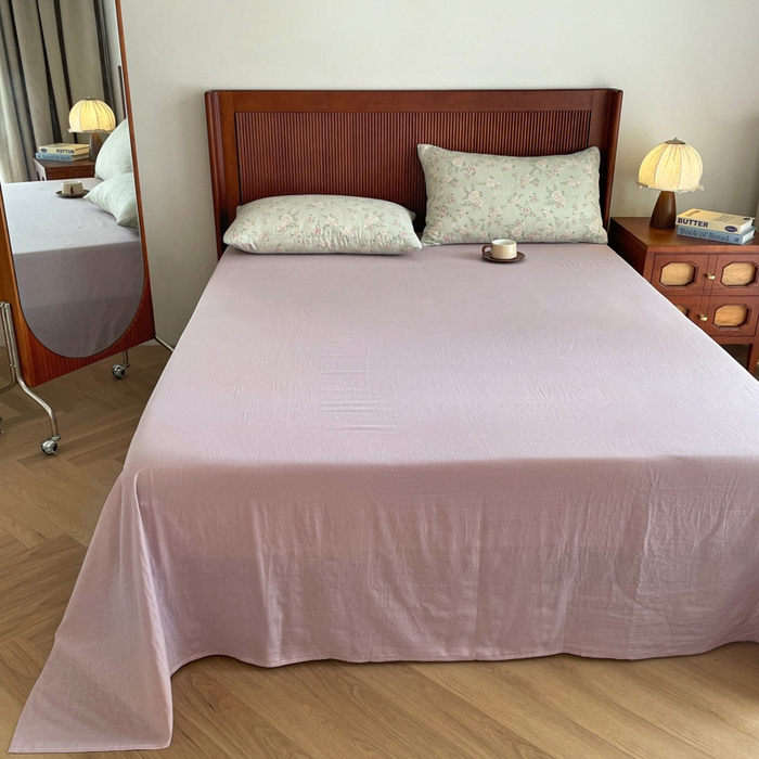 91家纺网 家纺一手货源 找家纺 一比一家纺 2025新款全棉母婴级抗菌有氧全棉双层纱亲肤全棉小清新印花三件套四件套 木槿-紫