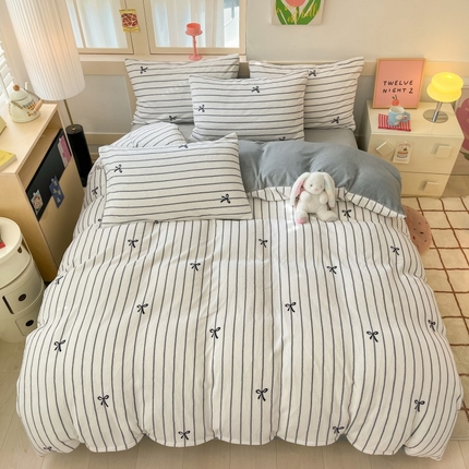 寐眠 2024新款高克重印花牛奶绒四件套条纹风格一 浅灰蝴蝶结