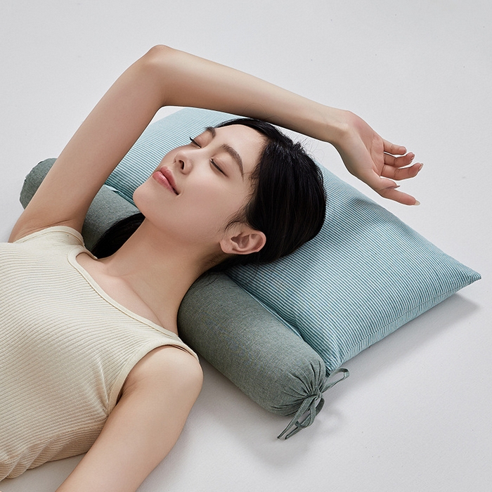 91家纺网 家纺一手货源 找家纺 良品汇馆 2024【条纹荞麦组合枕】日式无印全棉条纹荞麦组合牵引枕良品单人承认枕头枕芯 条纹荞麦组合枕-绿色