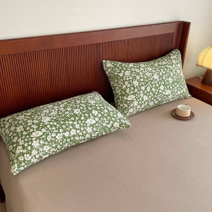 91家纺网 家纺一手货源 找家纺 一比一家纺 2025新款全棉母婴级抗菌有氧全棉双层纱亲肤全棉小清新印花三件套四件套 木槿花-绿