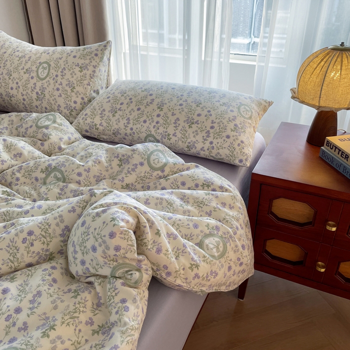 91家纺网 家纺一手货源 找家纺 一比一家纺 2025新款全棉母婴级抗菌有氧全棉双层纱亲肤全棉小清新印花三件套四件套 向云端