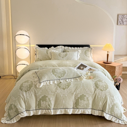 91家纺网 家纺一手货源 找家纺 （总）博纳家纺 2024新款牛奶绒灼色烂花花边款吊边床单四件套-北欧金典