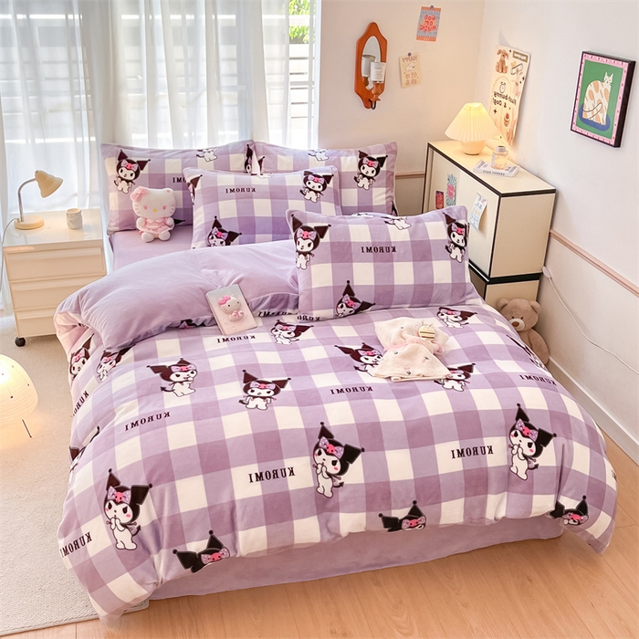 91家纺网 家纺一手货源 找家纺 星座家纺 2025新款三丽鸥小版牛奶绒四件套 格子库洛米