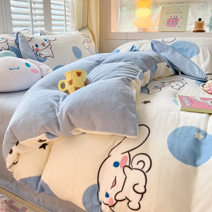 91家纺网 家纺一手货源 找家纺 星座家纺 2025新款三丽鸥小版牛奶绒四件套 泡泡玉桂狗