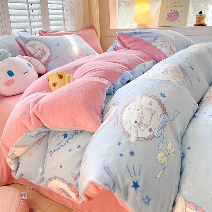 91家纺网 家纺一手货源 找家纺 星座家纺 2025新款三丽鸥小版牛奶绒四件套 蛋糕大耳狗