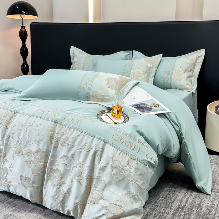 91家纺网 家纺一手货源 找家纺 宅家居 2024新款轻奢拼接亲肤精梳棉磨毛浮雕刺绣四件套-珍妮花房 珍妮花房-抹茶绿