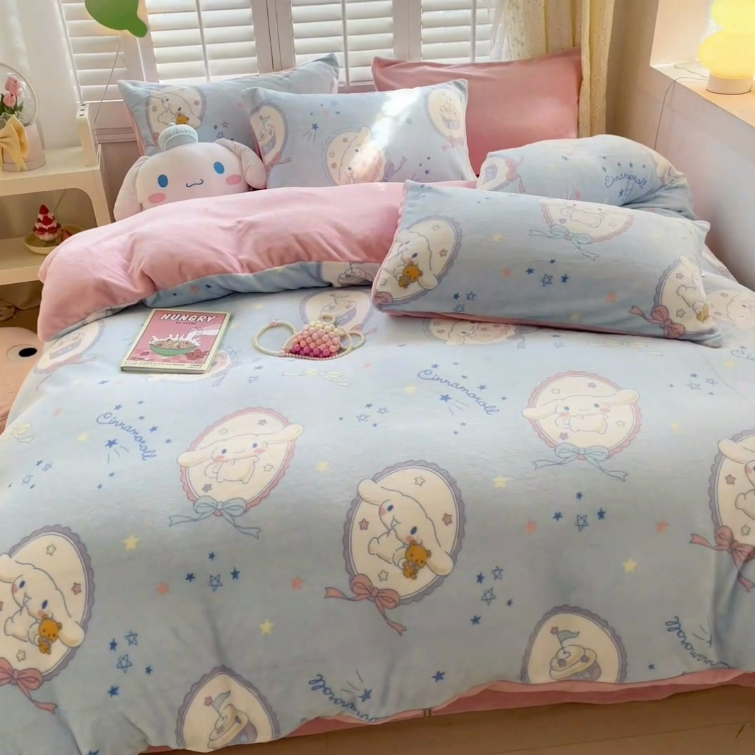 91家纺网 家纺一手货源 找家纺 星座家纺 2025新款三丽鸥小版牛奶绒四件套 蛋糕大耳狗