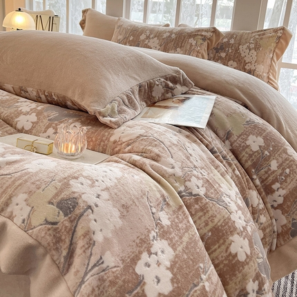  秋冬9斤重加厚保暖牛奶绒四件套刺绣数码宝宝绒被套床单床笠床上用品 塞尔纳-暖棕色