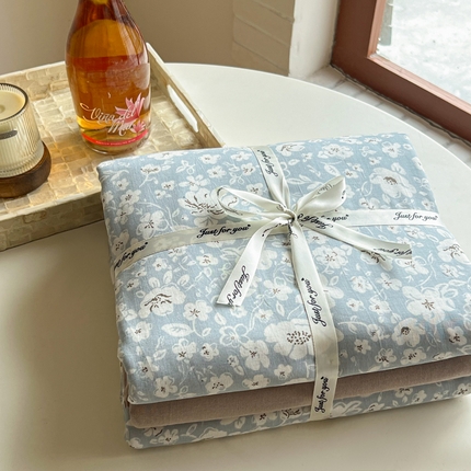 一比一家纺 2025新款全棉母婴级抗菌有氧全棉双层纱亲肤全棉小清新印花三件套四件套 木槿花-兰