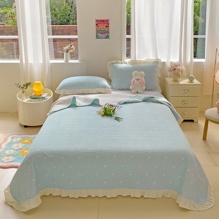 91家纺网 家纺一手货源 找家纺 漫时光 2025新款加厚爱心牛奶绒花边床盖 爱心-蓝