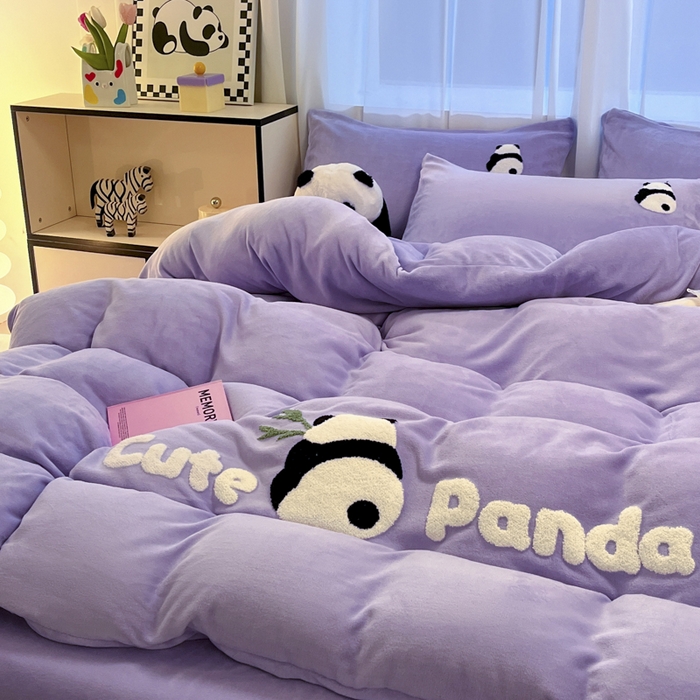 91家纺网 家纺一手货源 找家纺 葡萄家 2024新款卡通牛奶绒毛巾绣可爱熊猫保暖四件套提供买家秀 萌宝牛奶绒-紫