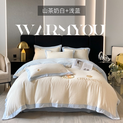 91家纺网 家纺一手货源 找家纺 （总）绘萱2025新爆款高密消光宽边拼角纯色牛奶绒四件套双拼绣花-山茶系列