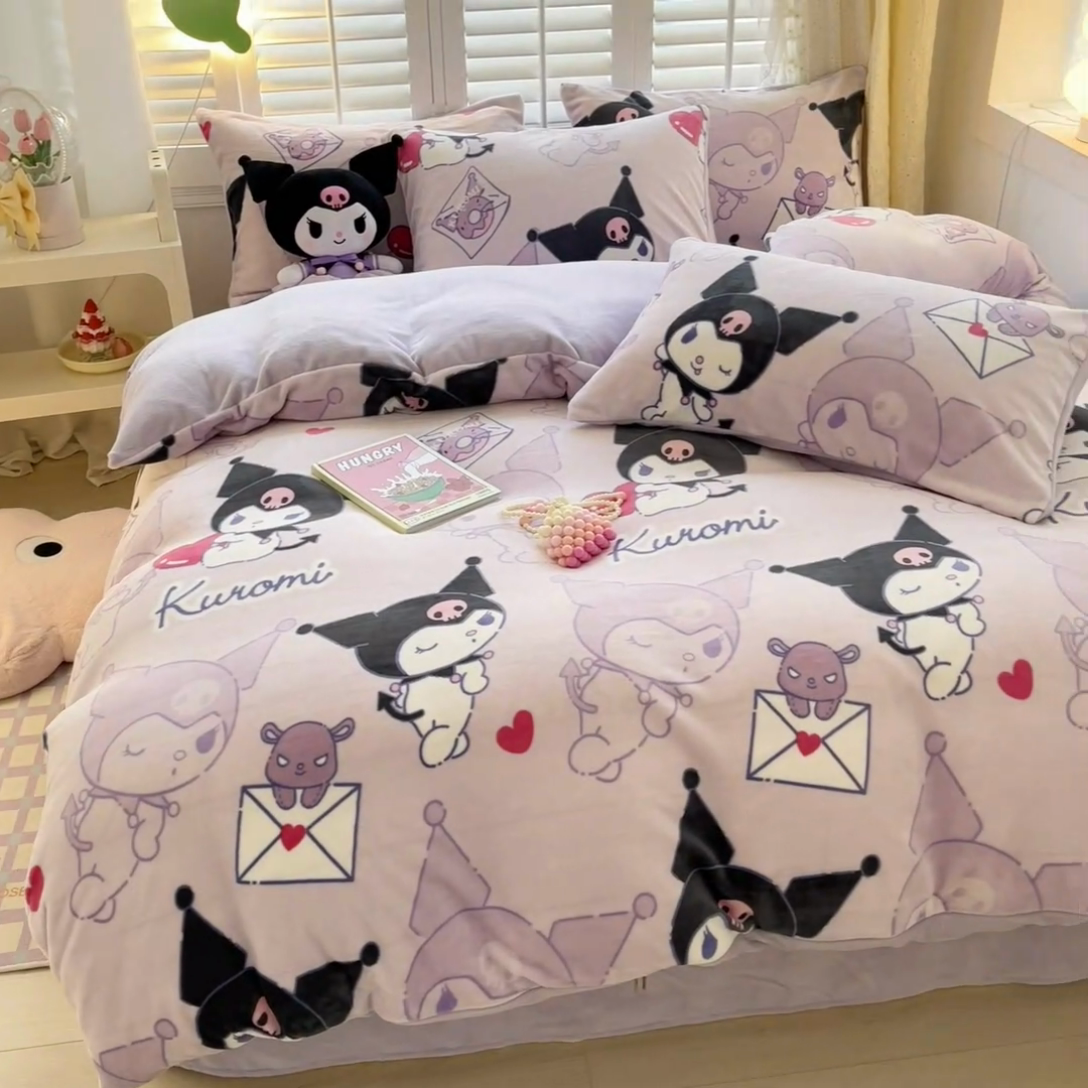 91家纺网 家纺一手货源 找家纺 星座家纺 2025新款三丽鸥小版牛奶绒四件套 紫色库洛米