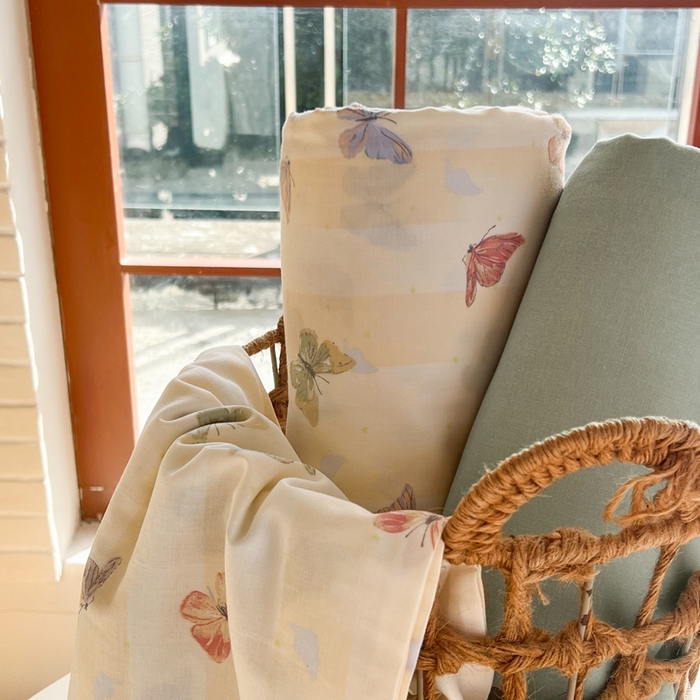 91家纺网 家纺一手货源 找家纺 一比一家纺 2025新款全棉母婴级抗菌有氧全棉双层纱亲肤全棉小清新印花三件套四件套 蝶舞