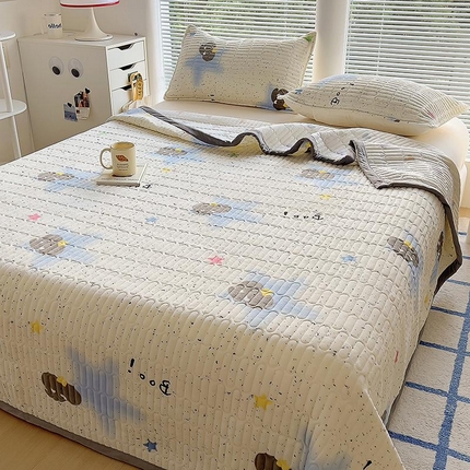 美梦家纺 2024新款牛奶绒简单款夹棉床盖三件套 象先生蓝