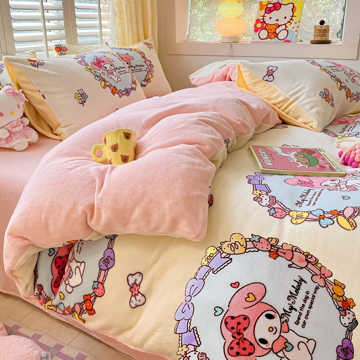 91家纺网 家纺一手货源 找家纺 星座家纺 2025新款三丽鸥小版牛奶绒四件套 美乐蒂