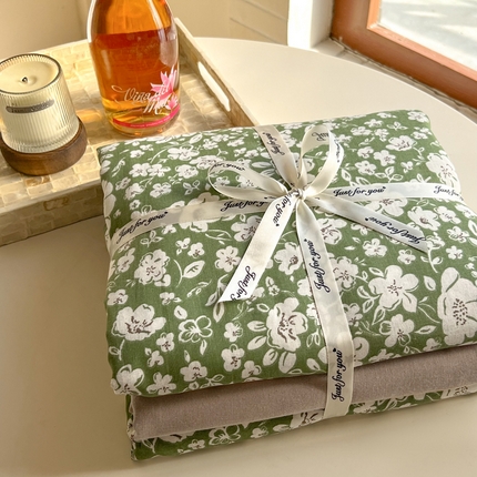 一比一家纺 2025新款全棉母婴级抗菌有氧全棉双层纱亲肤全棉小清新印花三件套四件套 木槿花-绿