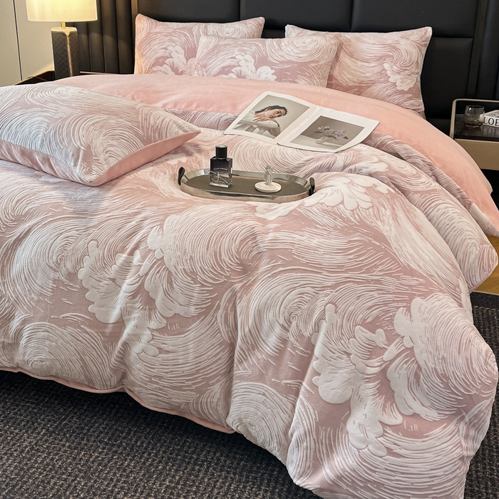 91家纺网 家纺一手货源 找家纺 玉海棠家纺 2024新款5D立体雕花绒四件套 祥云豆沙