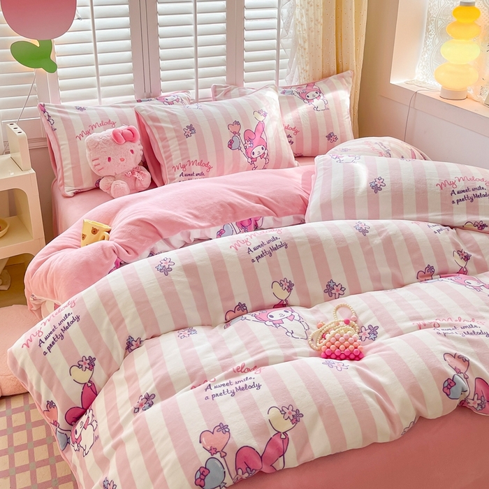 91家纺网 家纺一手货源 找家纺 星座家纺 2025新款三丽鸥小版牛奶绒四件套 甜甜美乐蒂