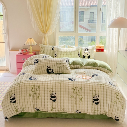 91家纺网 家纺一手货源 找家纺 （总）斯卡诺家纺 2024新款小清新加厚高克重牛奶绒泡泡四件套网红直播爆款