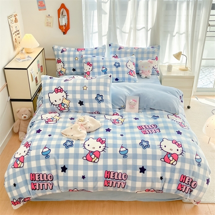 91家纺网 家纺一手货源 找家纺 星座家纺 2025新款三丽鸥小版牛奶绒四件套 幸运星KT猫