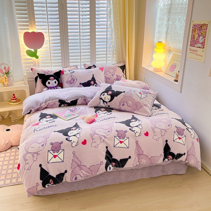 91家纺网 家纺一手货源 找家纺 星座家纺 2025新款三丽鸥小版牛奶绒四件套 紫色库洛米