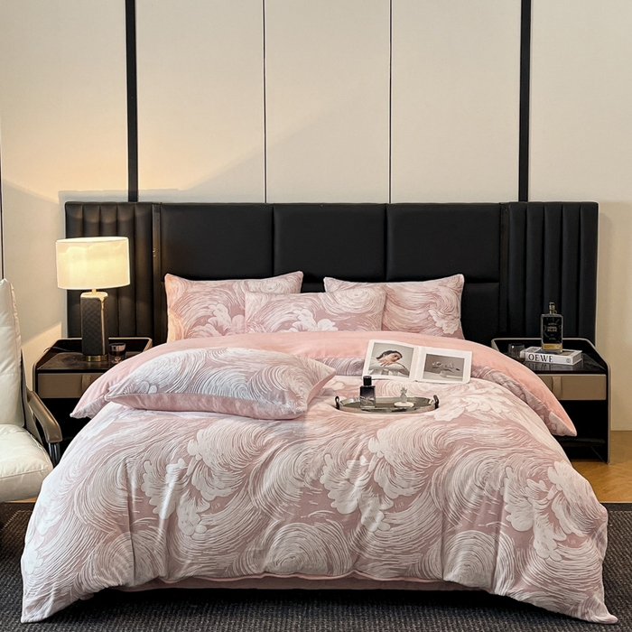 91家纺网 家纺一手货源 找家纺 玉海棠家纺 2024新款5D立体雕花绒四件套 祥云豆沙