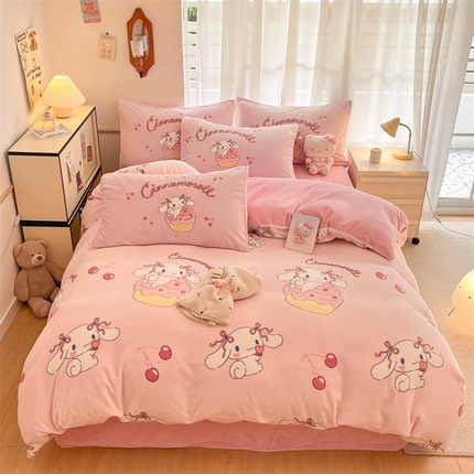 91家纺网 家纺一手货源 找家纺 星座家纺 2025新款三丽鸥小版牛奶绒四件套 可爱玉桂狗