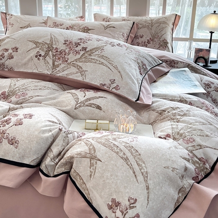 91家纺网 家纺一手货源 找家纺  A类母婴级加厚全棉磨毛数码印花四件套全棉纯棉保暖床单被套轻奢风床笠款床上用品 浅梦