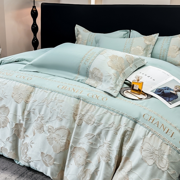 91家纺网 家纺一手货源 找家纺 宅家居 2024新款轻奢拼接亲肤精梳棉磨毛浮雕刺绣四件套-珍妮花房 珍妮花房-抹茶绿