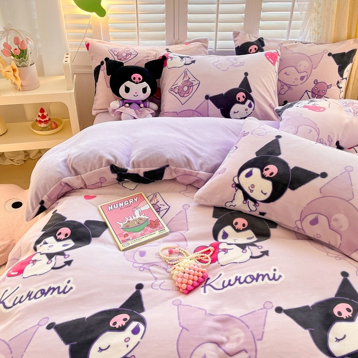 91家纺网 家纺一手货源 找家纺 星座家纺 2025新款三丽鸥小版牛奶绒四件套 紫色库洛米