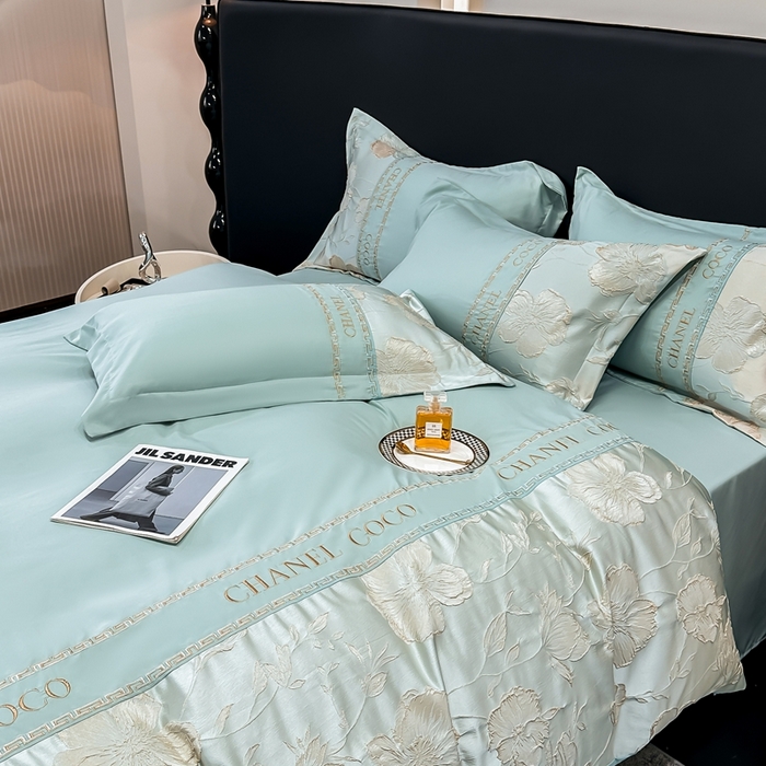 91家纺网 家纺一手货源 找家纺 宅家居 2024新款轻奢拼接亲肤精梳棉磨毛浮雕刺绣四件套-珍妮花房 珍妮花房-抹茶绿