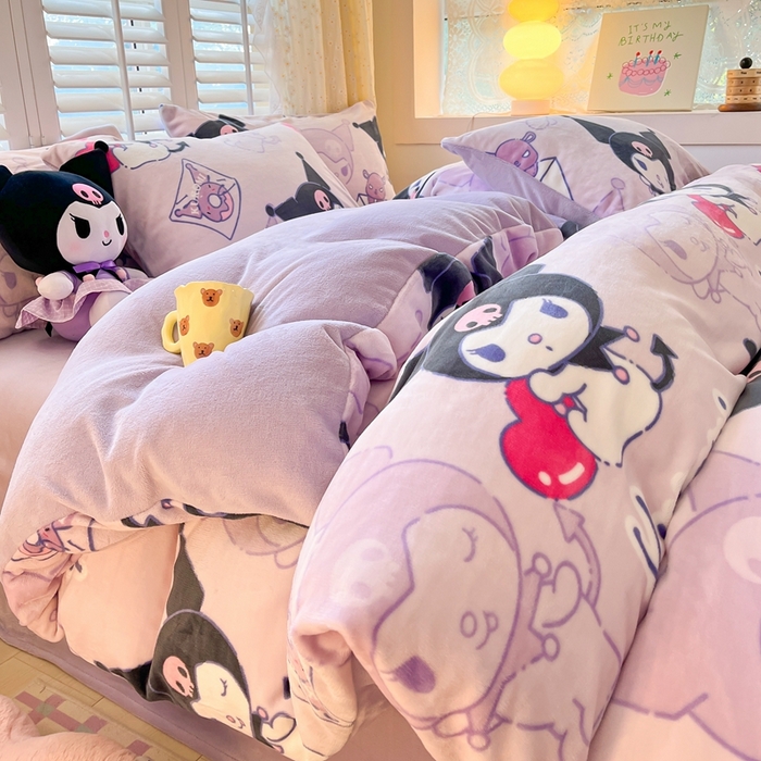 91家纺网 家纺一手货源 找家纺 星座家纺 2025新款三丽鸥小版牛奶绒四件套 紫色库洛米