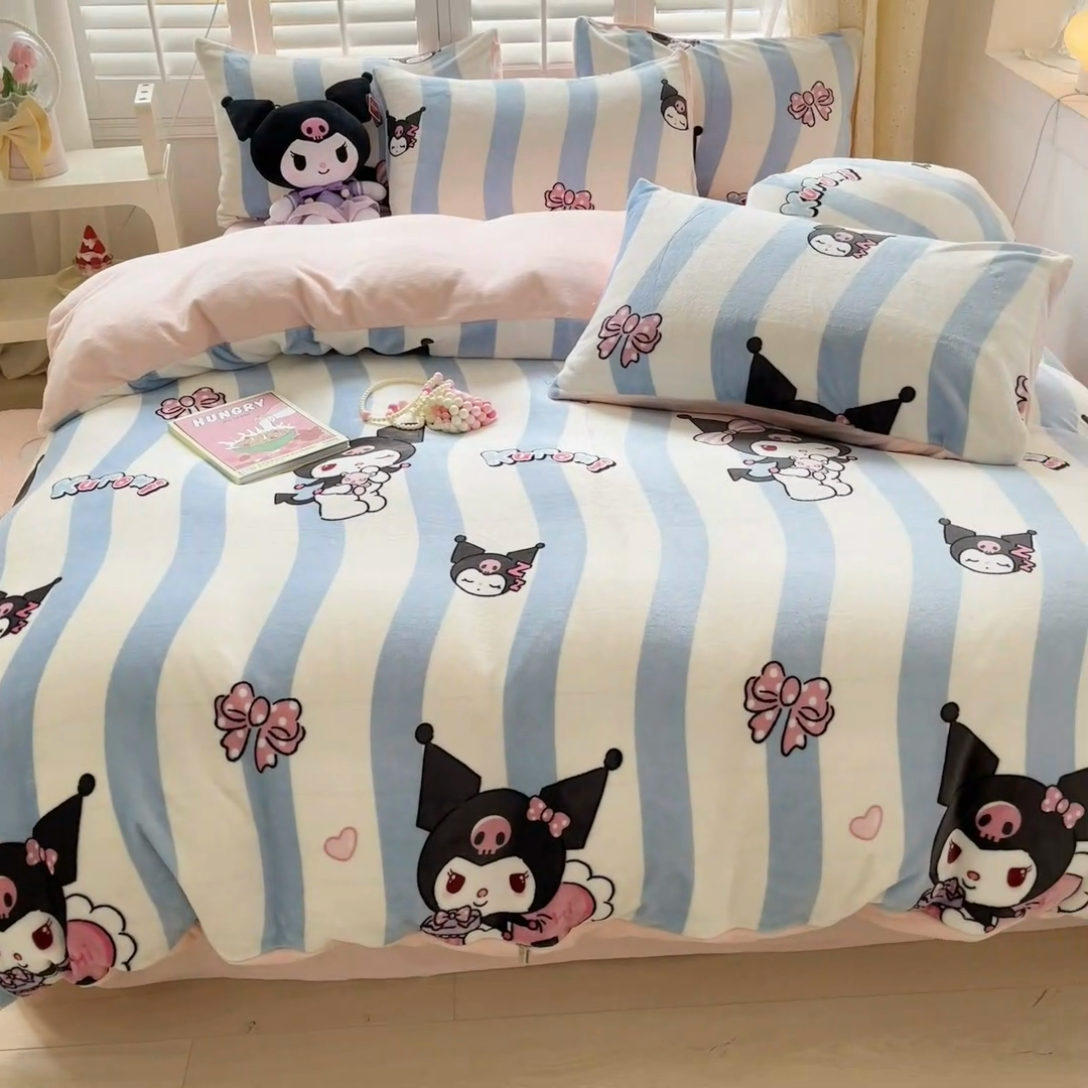 91家纺网 家纺一手货源 找家纺 星座家纺 2025新款三丽鸥小版牛奶绒四件套 可爱库洛米