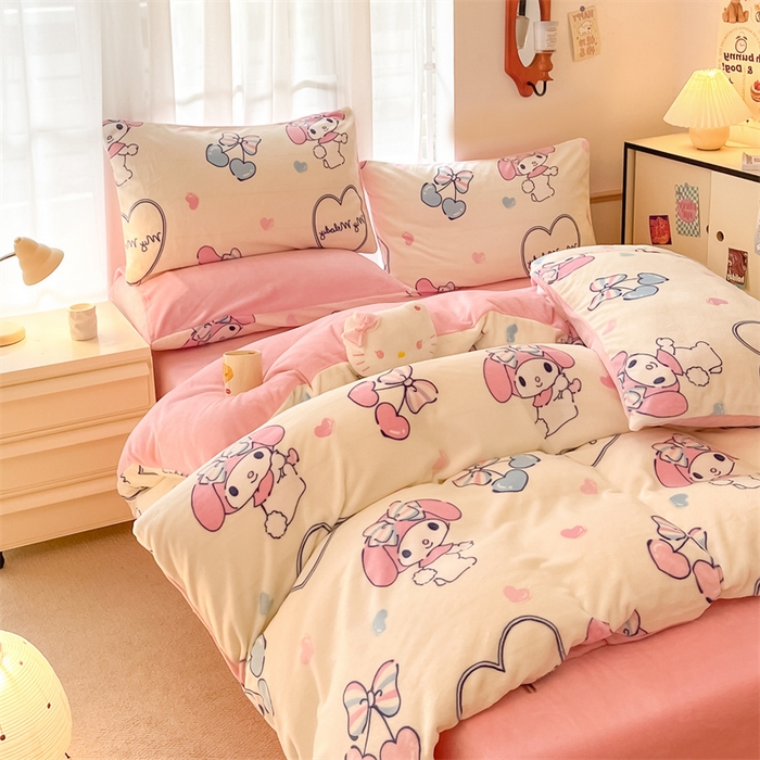 91家纺网 家纺一手货源 找家纺 星座家纺 2025新款三丽鸥小版牛奶绒四件套 樱桃美乐蒂