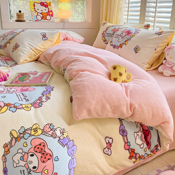 91家纺网 家纺一手货源 找家纺 星座家纺 2025新款三丽鸥小版牛奶绒四件套 美乐蒂