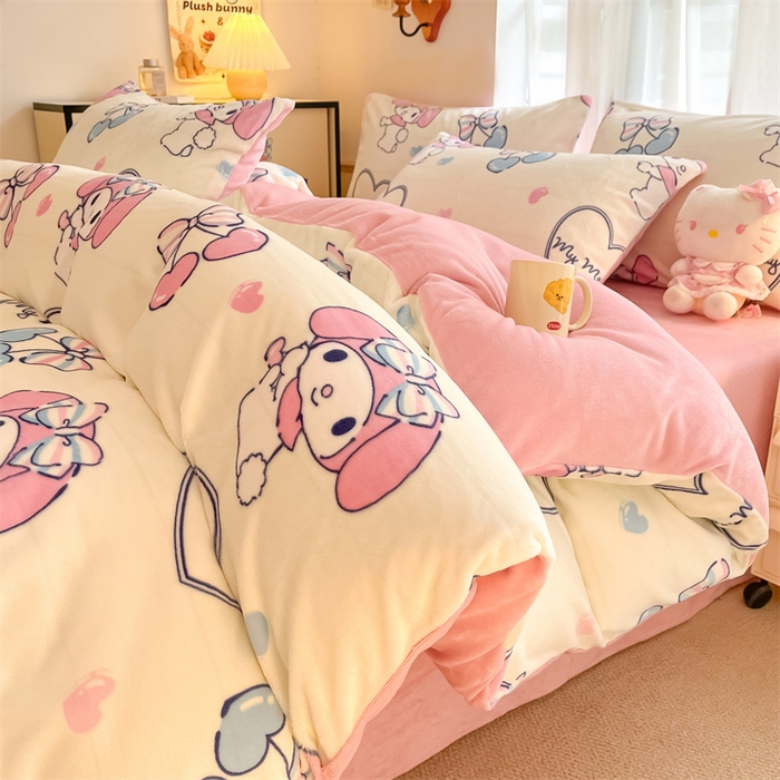 91家纺网 家纺一手货源 找家纺 星座家纺 2025新款三丽鸥小版牛奶绒四件套 樱桃美乐蒂