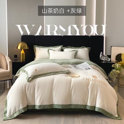 91家纺网 家纺一手货源 找家纺 （总）绘萱2025新爆款高密消光宽边拼角纯色牛奶绒四件套双拼绣花-山茶系列