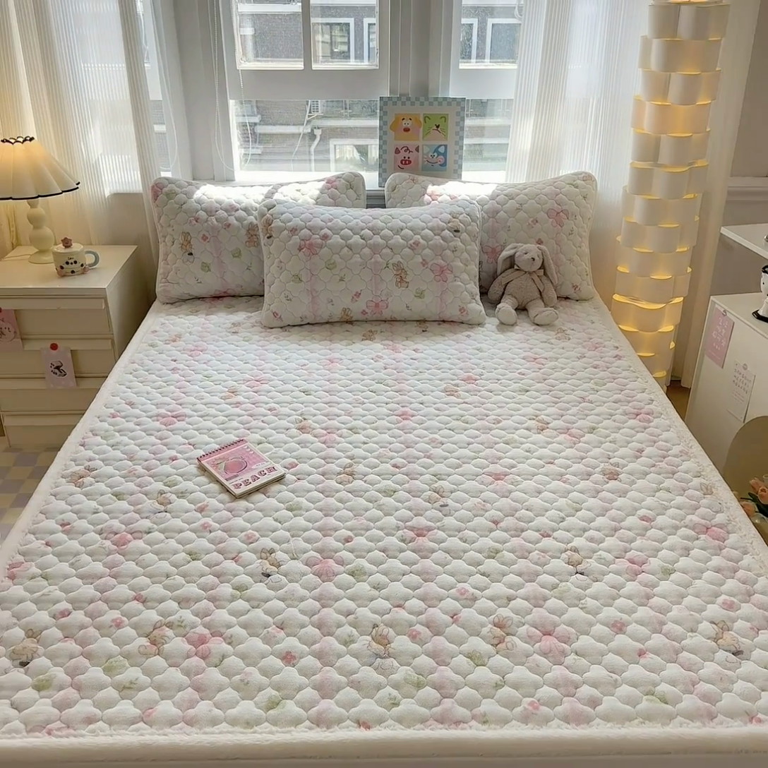 91家纺网 家纺一手货源 找家纺 慕尚家纺 2025牛奶绒床盖床褥被套三件套四件套 床垫-蝴蝶小兔