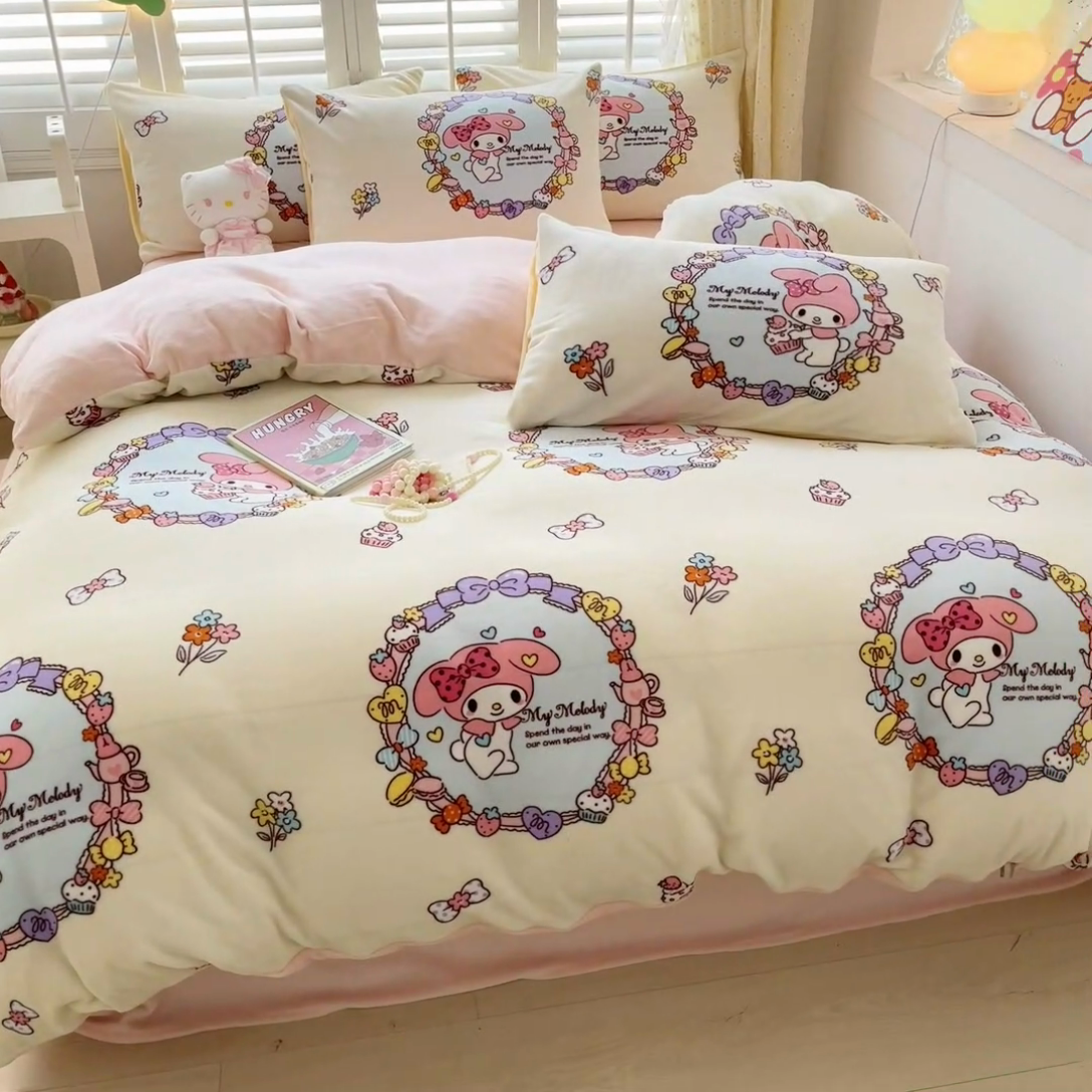 91家纺网 家纺一手货源 找家纺 星座家纺 2025新款三丽鸥小版牛奶绒四件套 美乐蒂