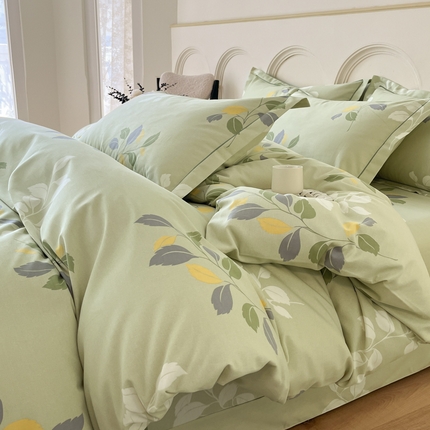 91家纺网 家纺一手货源 找家纺 铭成 2024新款全棉生态喷气加厚磨毛四件套浅影落香-绿