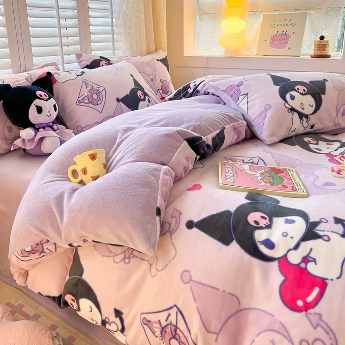 91家纺网 家纺一手货源 找家纺 星座家纺 2025新款三丽鸥小版牛奶绒四件套 紫色库洛米