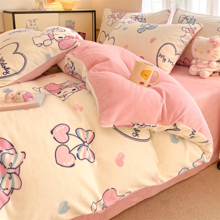 91家纺网 家纺一手货源 找家纺 星座家纺 2025新款三丽鸥小版牛奶绒四件套 樱桃美乐蒂